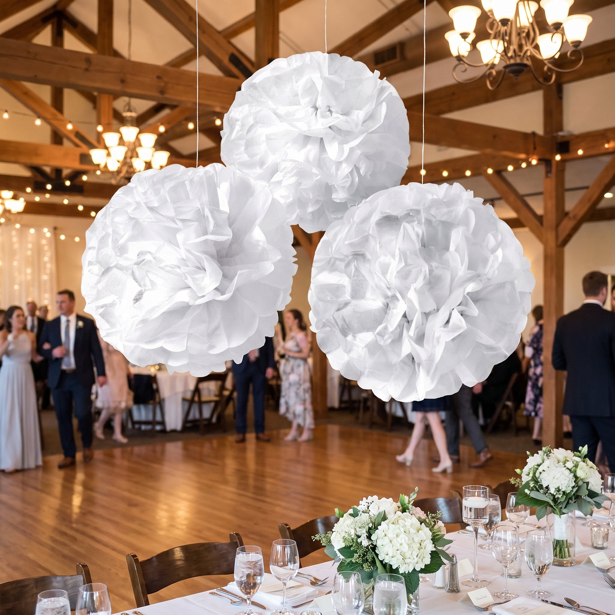 White Fluffy Tissue Pom Pom Decorations, 16-Inch, 3-Pack