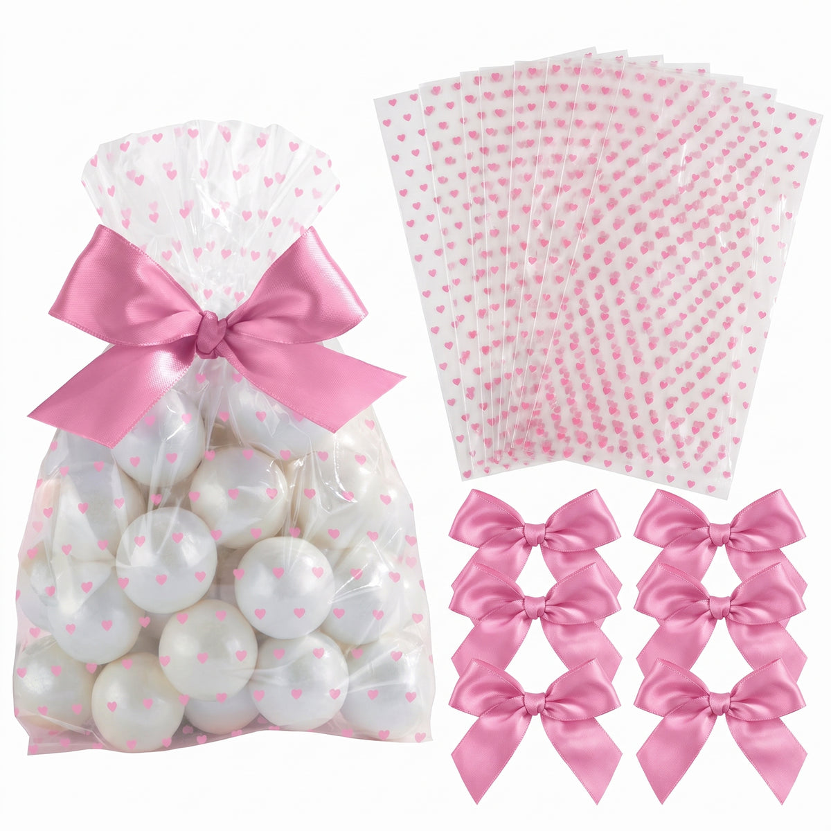 Pink Hearts Baby Shower Treat Bags with Bows - 12 Pack