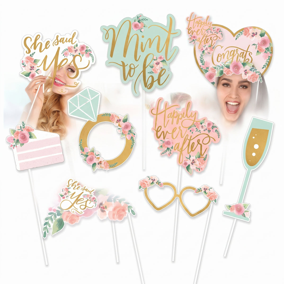 Mint to Be Floral Photo Booth Props for Weddings and Bridal Showers