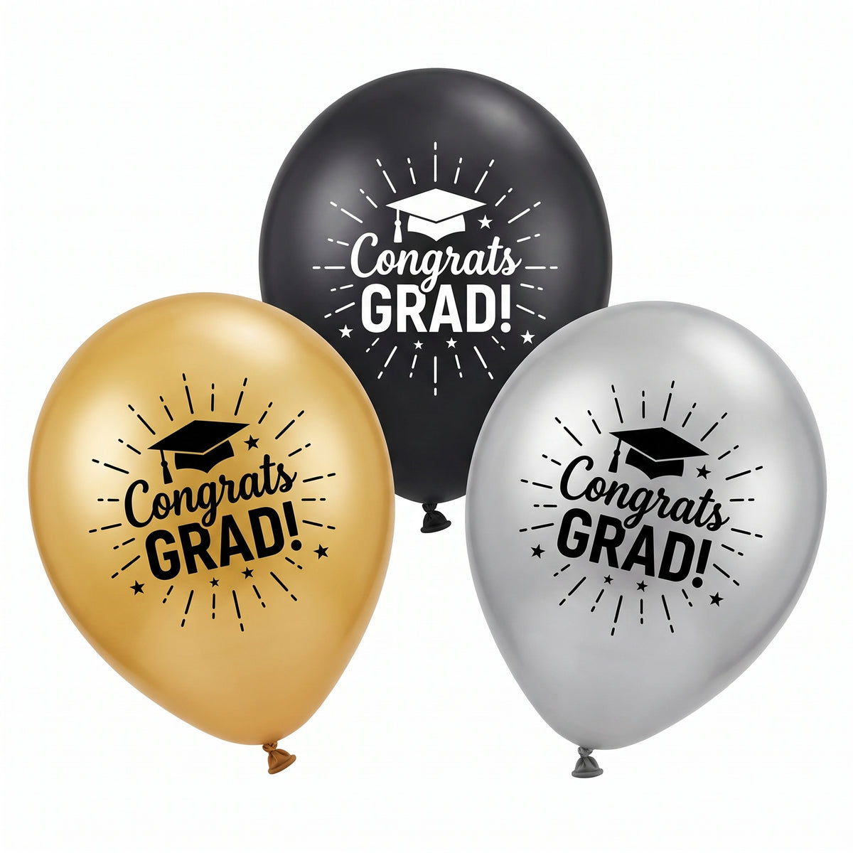 Congrats Grad Latex Balloons - Black, Gold & Silver, 12-inch, 15-Pack