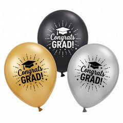 Congrats Grad Latex Balloons - Black, Gold & Silver, 12-inch, 15-Pack