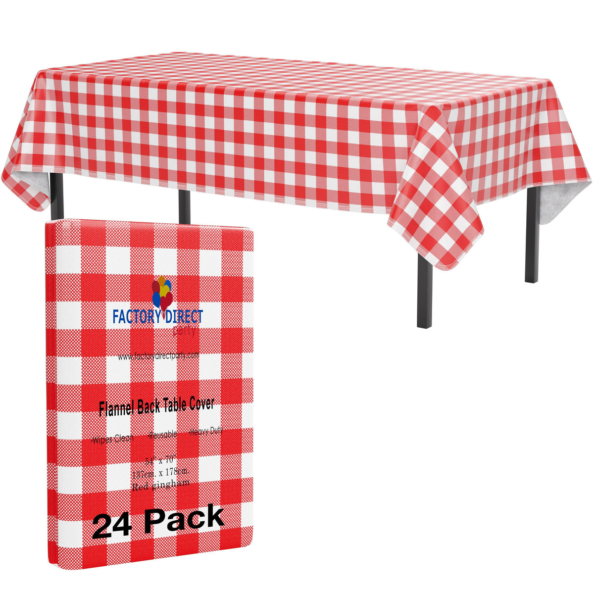 Red Gingham Flannel Backed Plastic Table Cover 54 In. x 70 In. | Case of 24