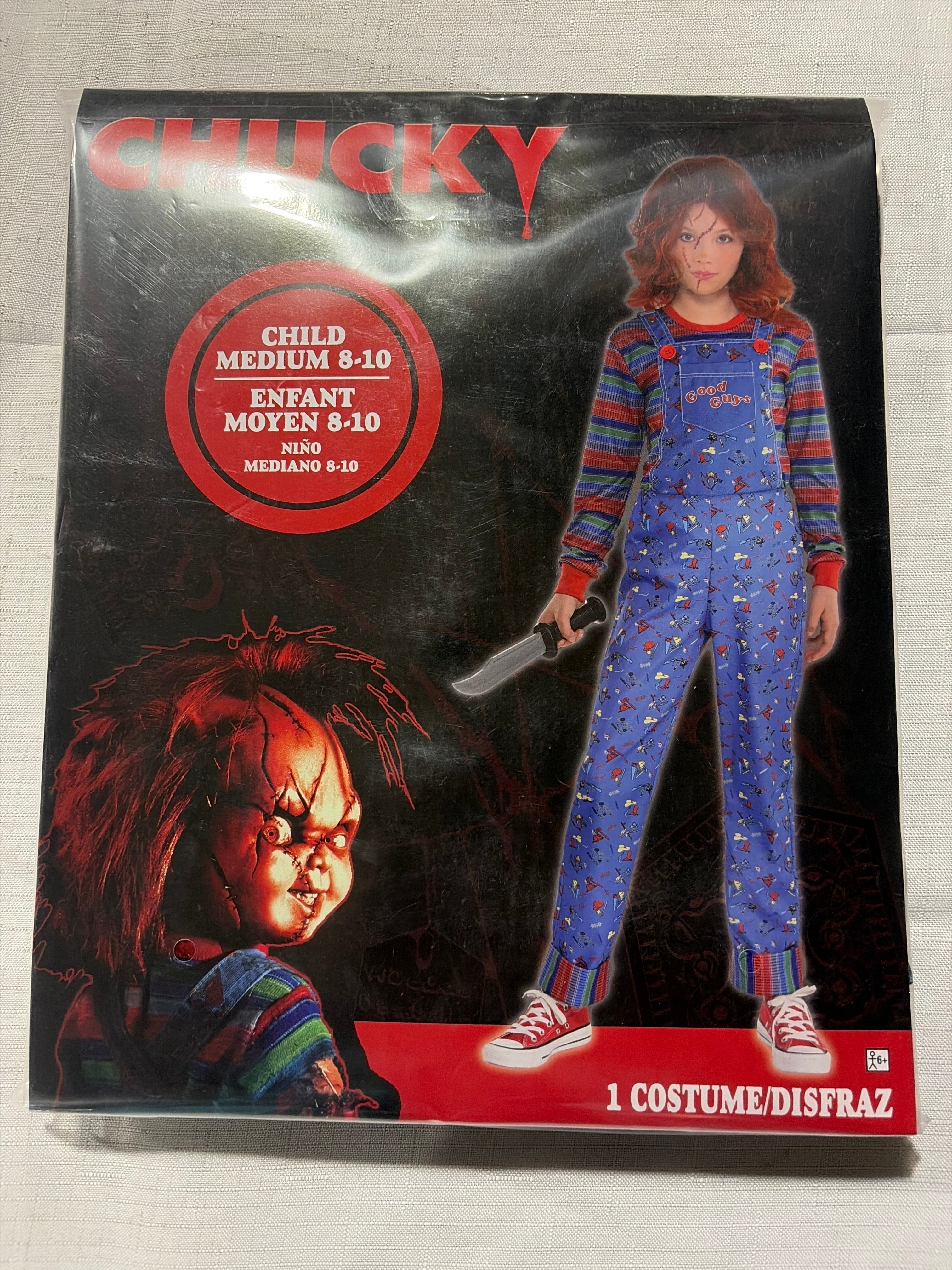 Child's Play Chucky Halloween Costume for Kids - Blue Overalls and Striped Shirt - Child M (8-10)