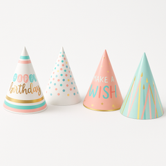 "Happy Cake Day" Mini Cone Birthday Party Hats - Metallic Pastel, 12-Pack