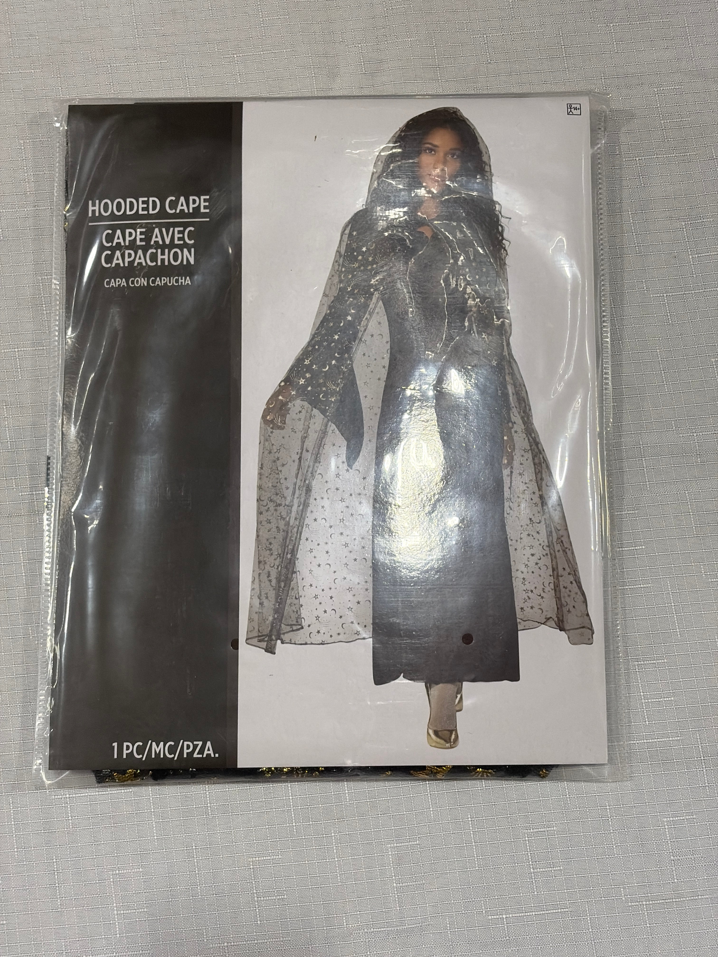 Celestial Hooded Cape - Sheer Black with Gold Stars & Moons