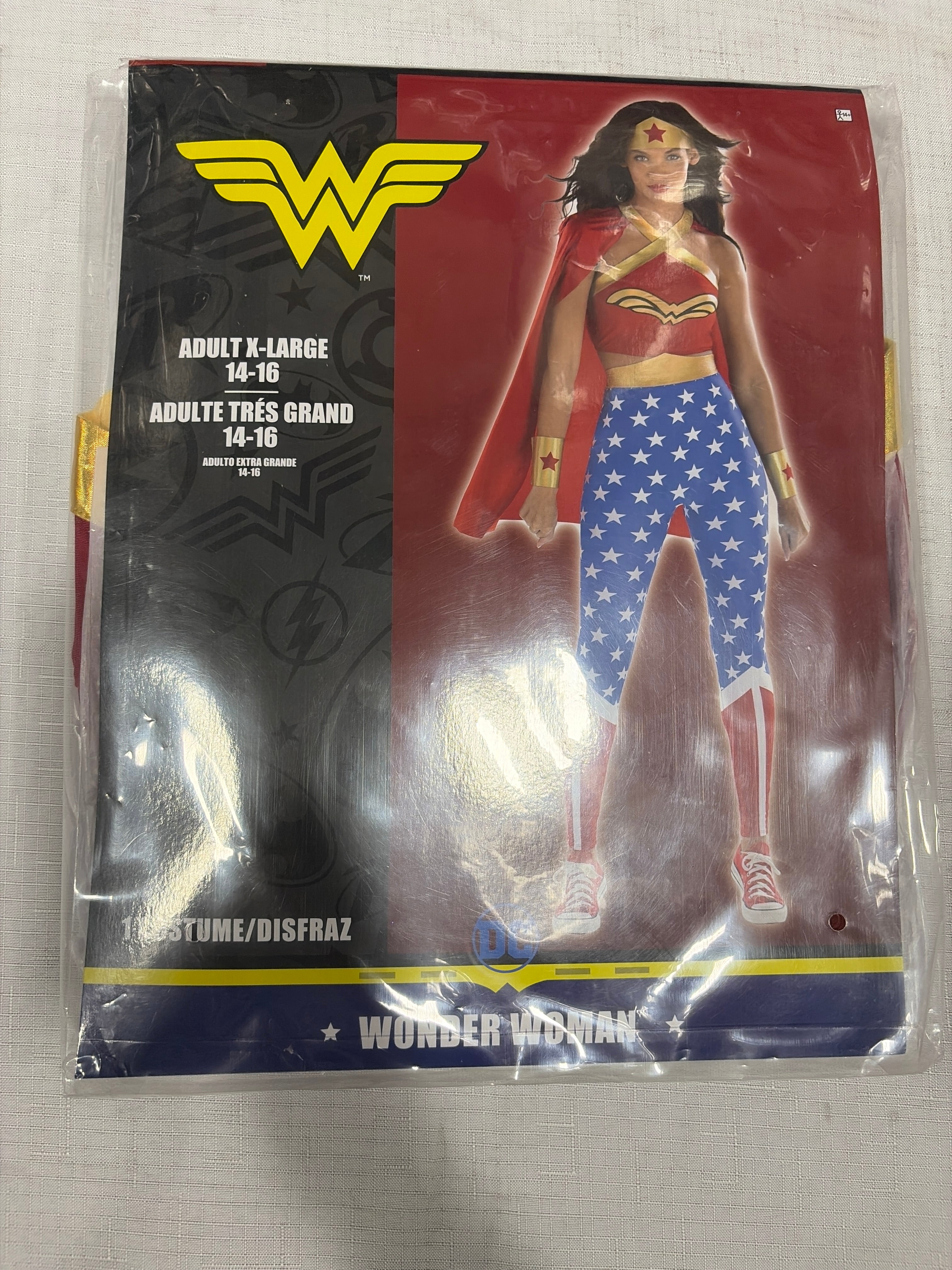 Women's DC Wonder Woman Halloween Costume - Red/Blue Jumpsuit with Cape & Headband - Adult XL (14-16)