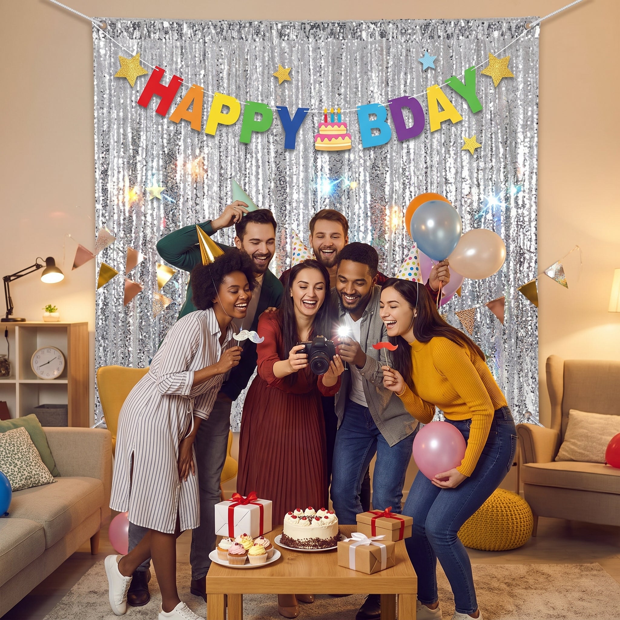 Sparkling Silver Birthday Backdrop & Banner Set