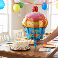 Colorful Cupcake Foil Balloon with Candle - Happy Birthday
