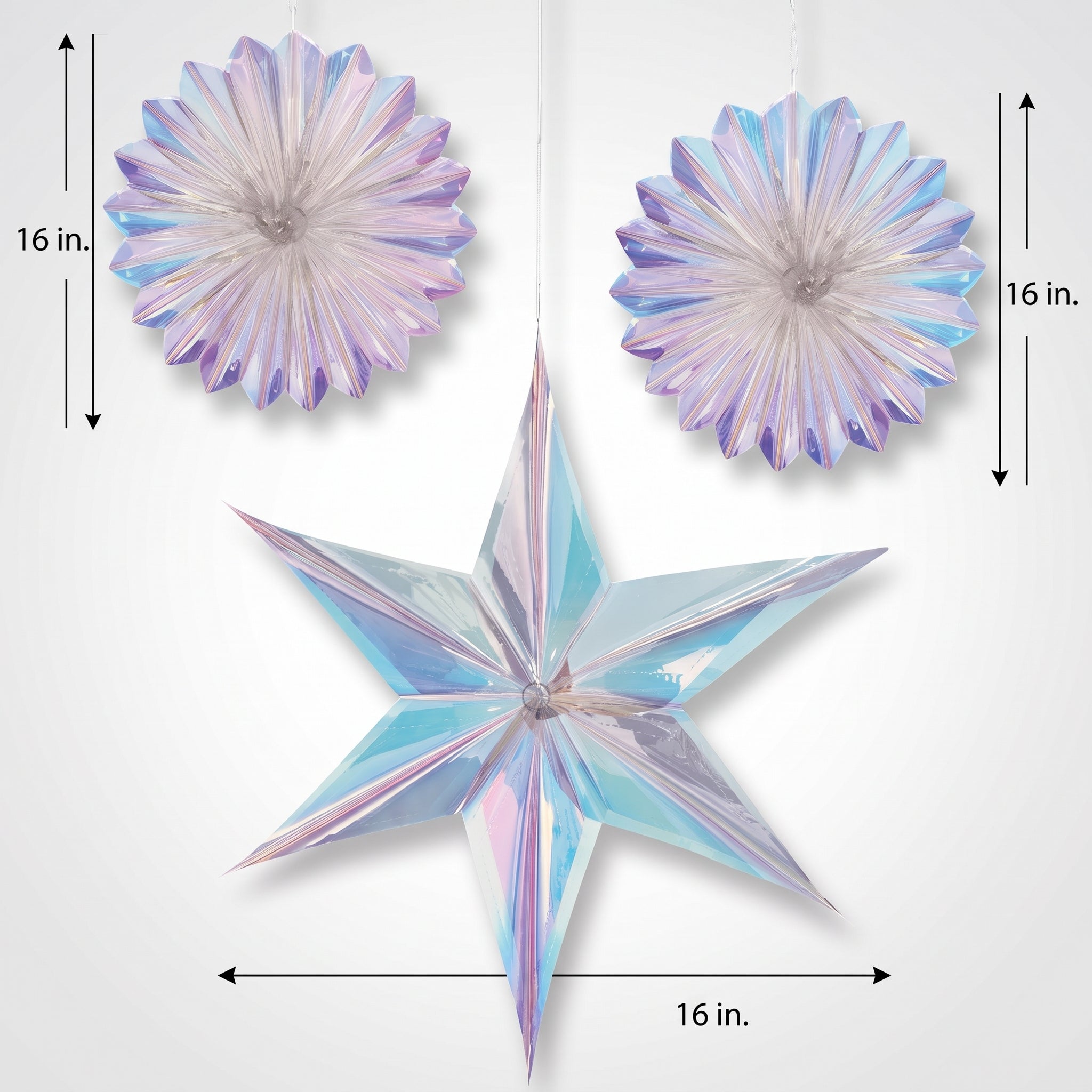 Iridescent Star and Fan Hanging Decorations, 16-Inch, 3-Pack