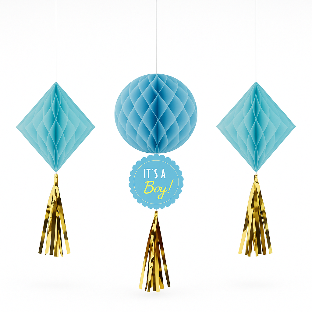 "It's a Boy" Blue and Gold Honeycomb Hanging Decorations - 3-Piece Set