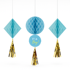 "It's a Boy" Blue and Gold Honeycomb Hanging Decorations - 3-Piece Set