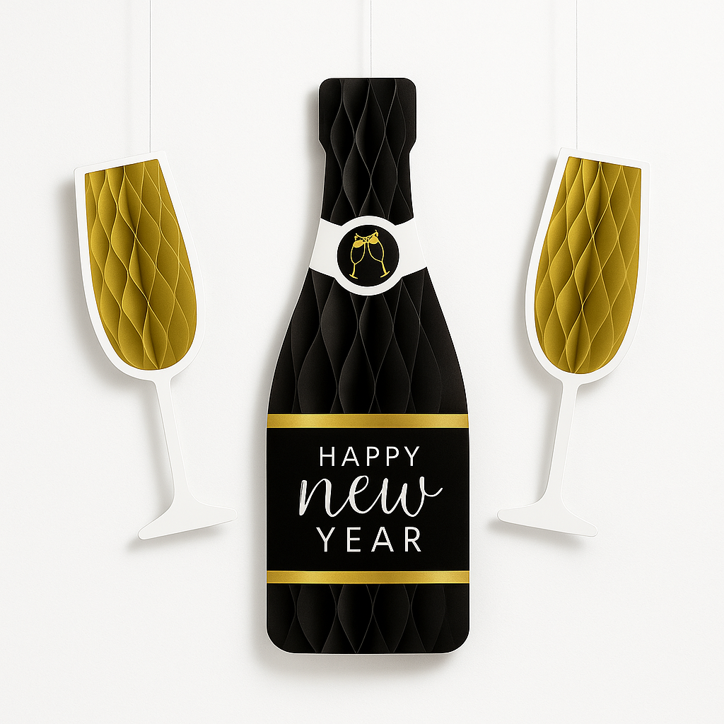 "Happy New Year" Honeycomb Hanging Decorations, Black/Gold, 21-Inch, 3-Pack