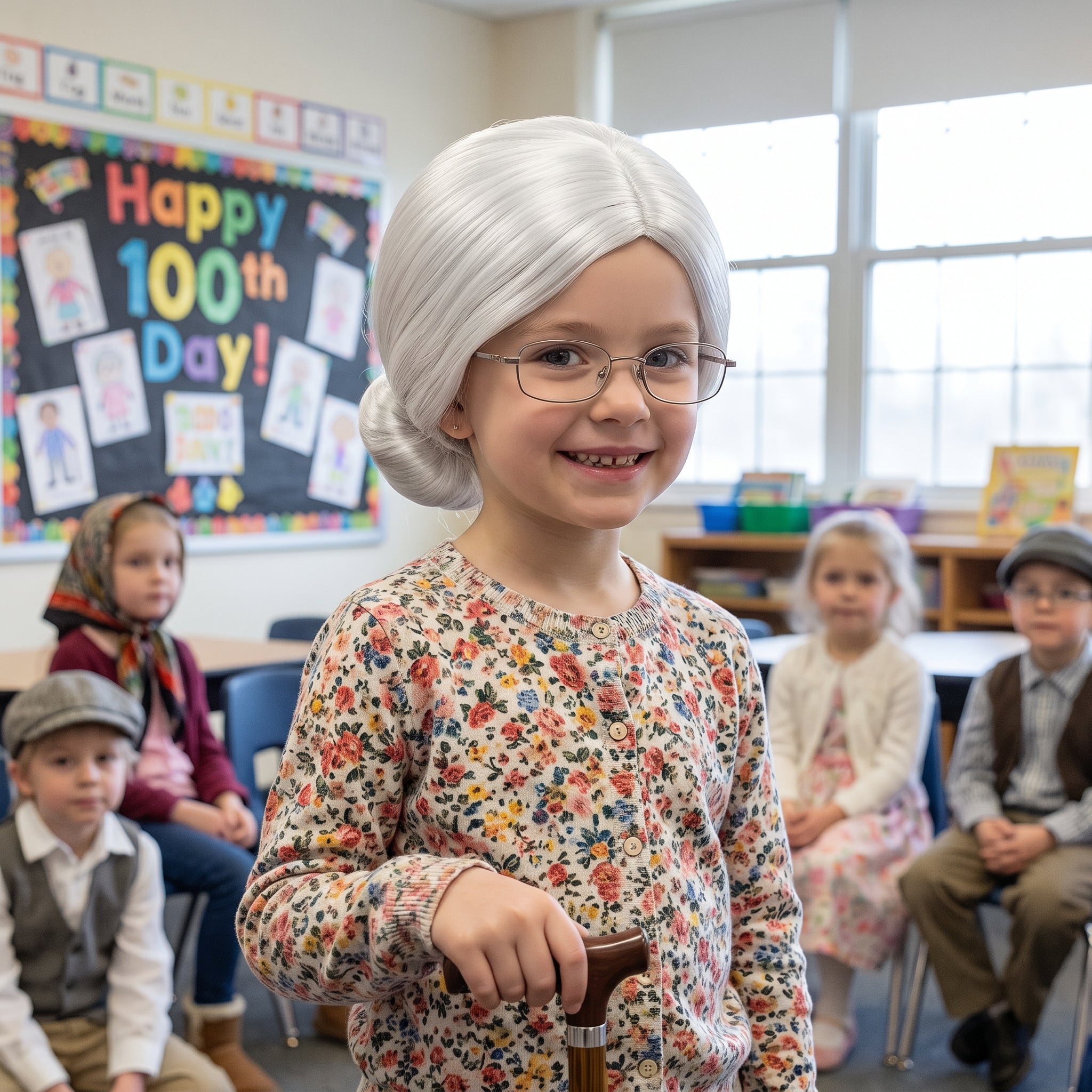 Kids' Old Maid Grandma Costume Wig - White Bun Hairstyle