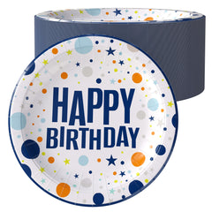 7 In. Blue Birthday Print Paper Plates - 50 Ct.| Case of 20