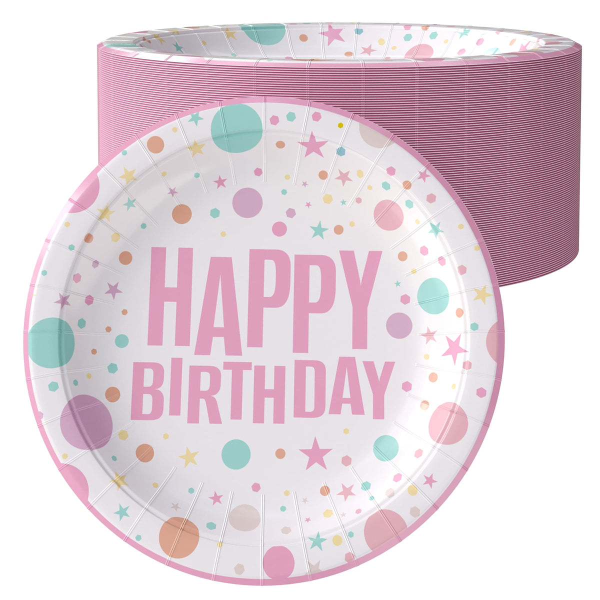 7 In. Pink Birthday Print Paper Plates - 50 Ct.| Case of 20