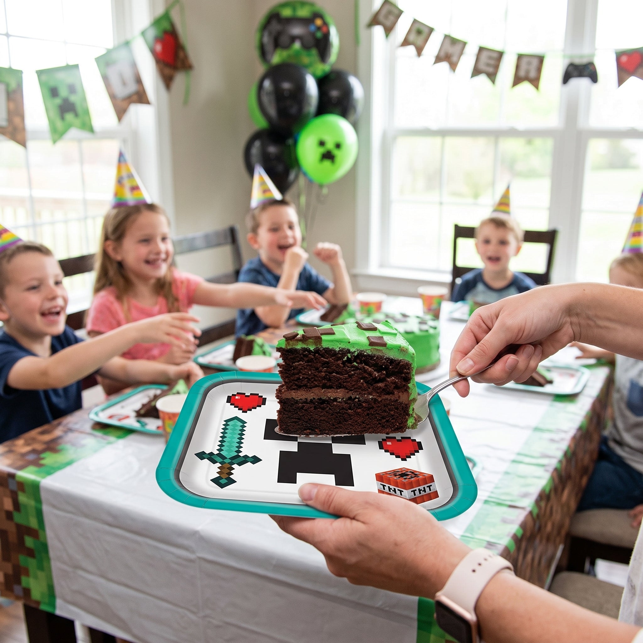 Pixel Party Square Paper Plates - 7" Gamer Design, 8-Pack