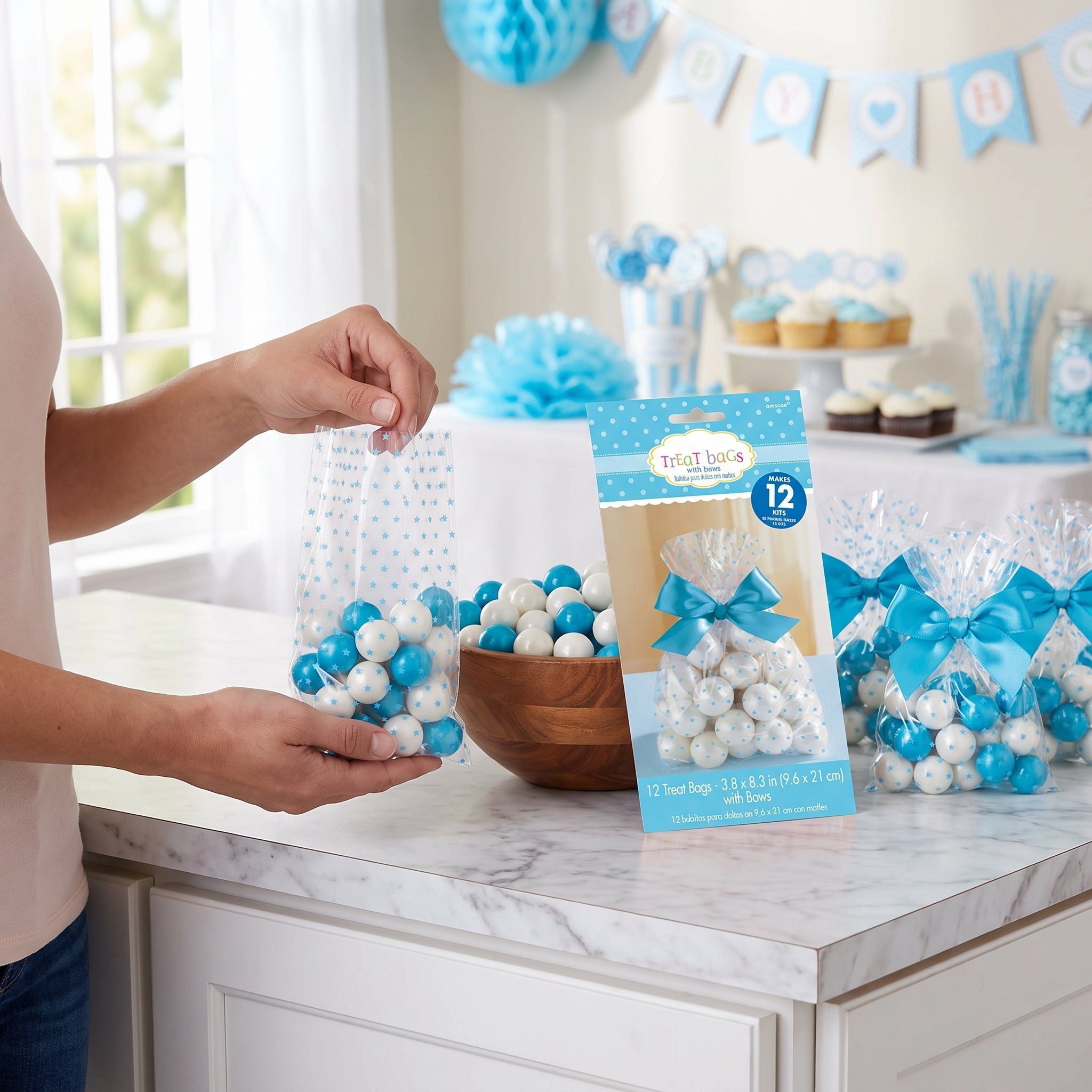Blue Polka Dot Treat Bags with Bow - 12 Pack