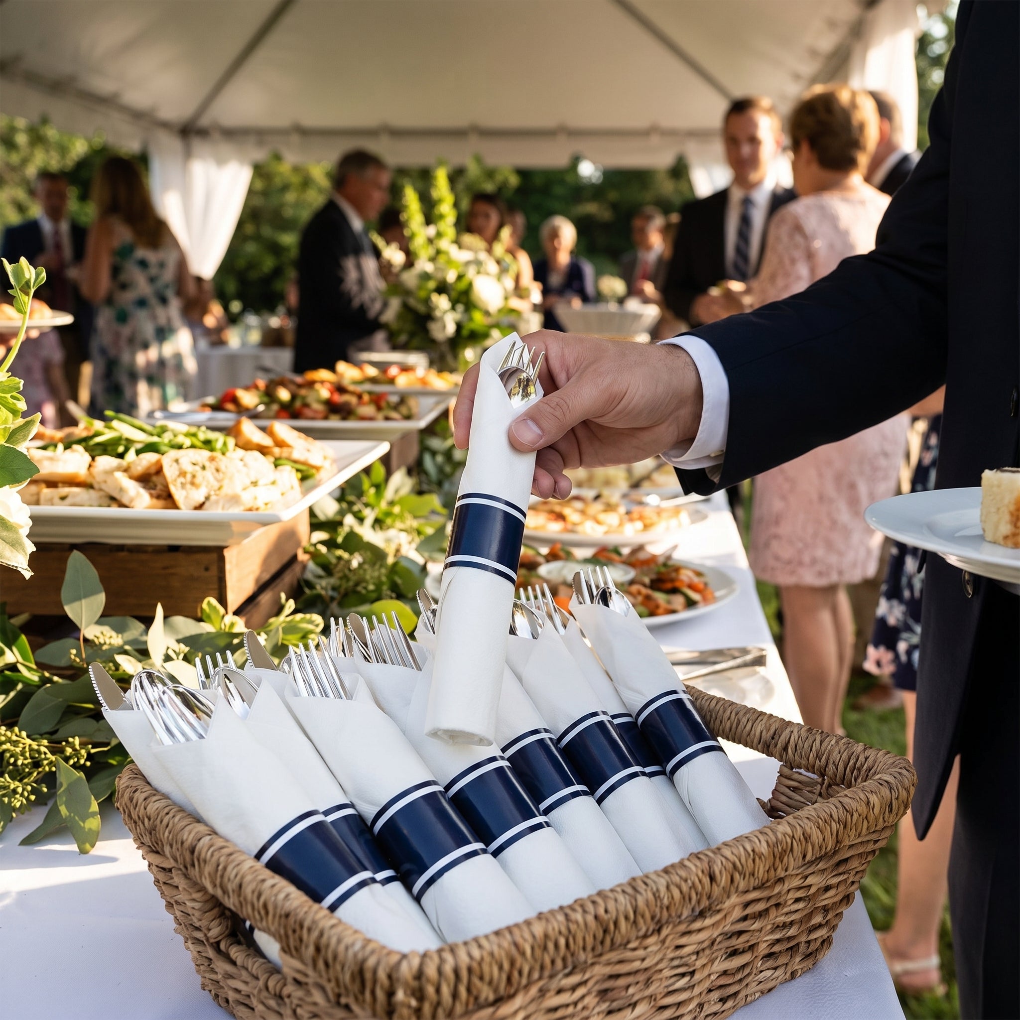 Premium Navy Rolled True Cutlery Set  With Guest Towel - 10 pack