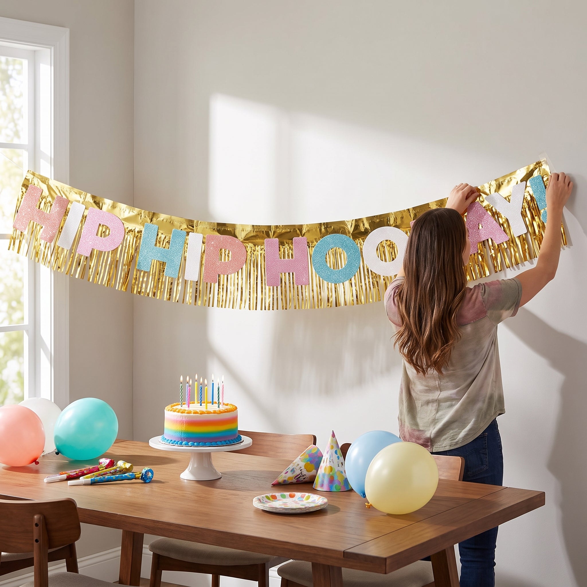 "Hip Hip Hooray" Glitter Fringe Birthday Banner, Gold, 10-ft