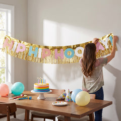 "Hip Hip Hooray" Glitter Fringe Birthday Banner, Gold, 10-ft