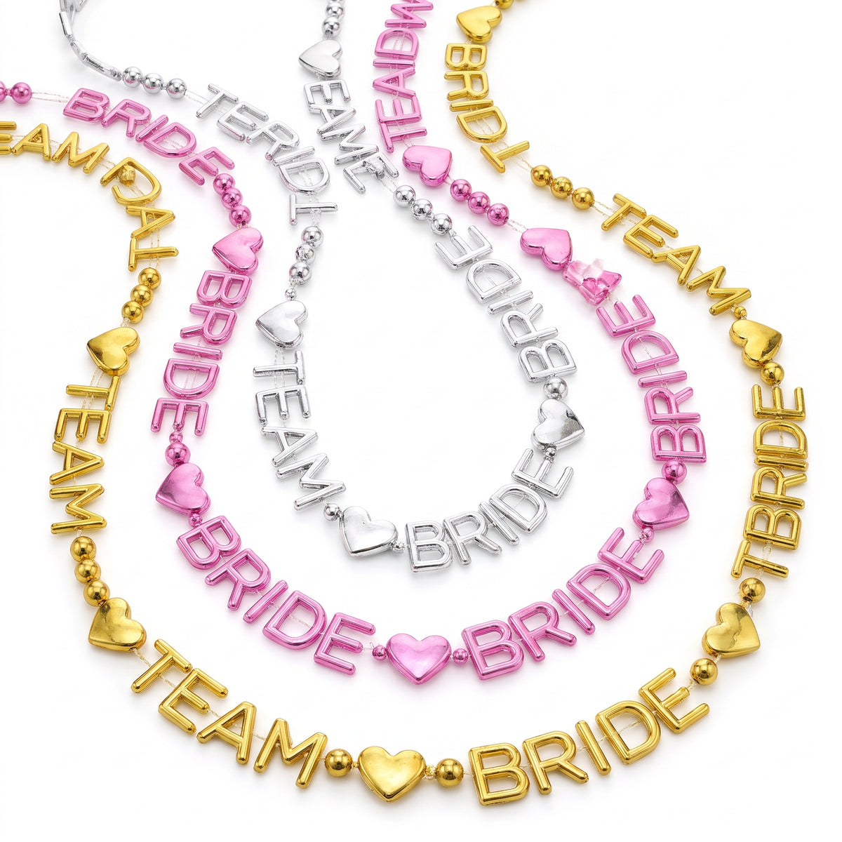 Team Bride Bachelorette Beaded Necklaces - Gold, Silver & Pink, 6-Pack