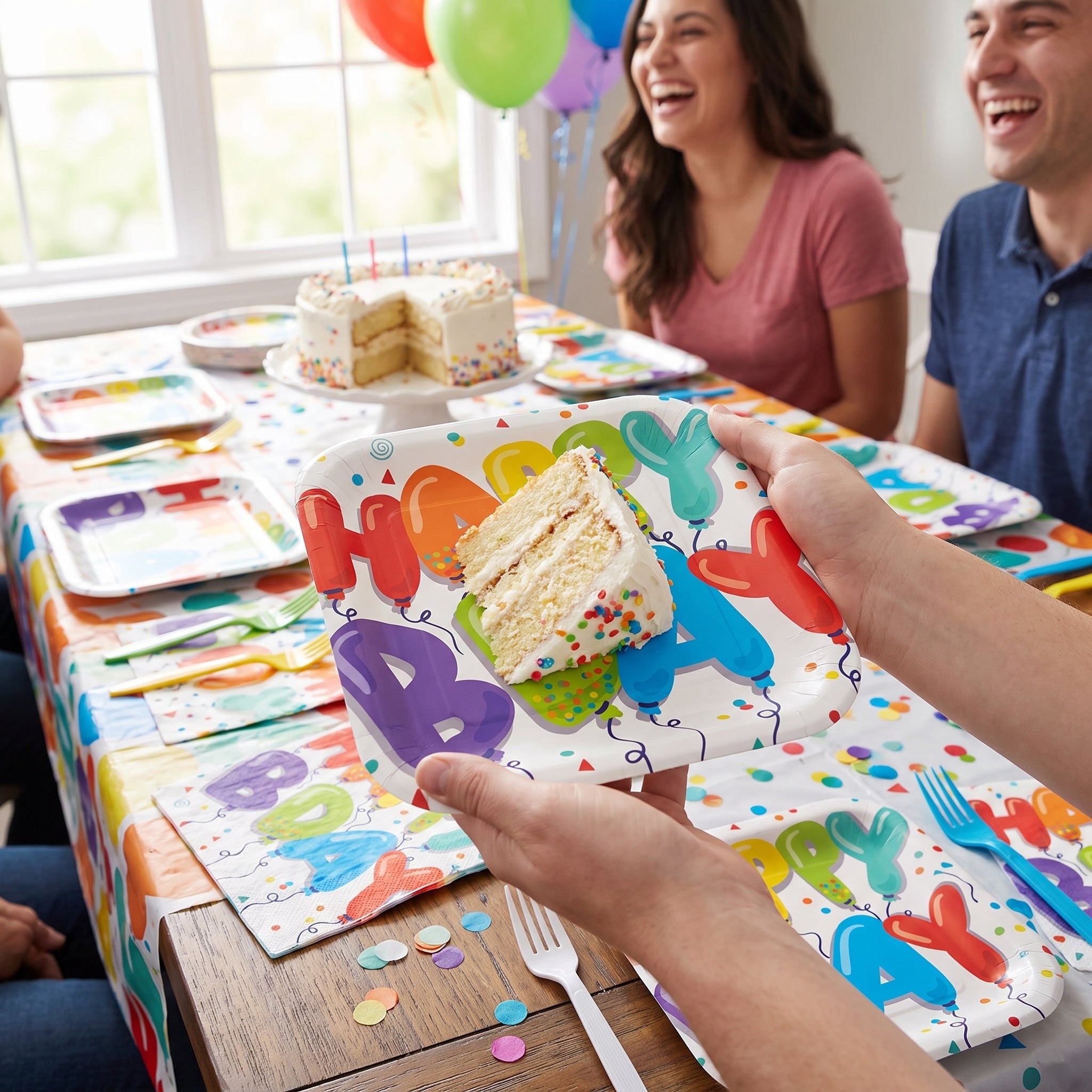 Colorful Balloon "Happy Bday" Square Paper Plates - 7-Inch, 18-Pack