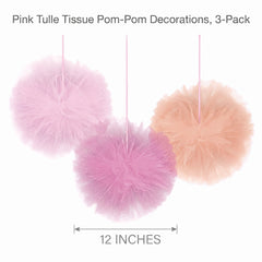 Pink Tulle Tissue Pom-Pom Decorations, 12-Inch, 3-Pack