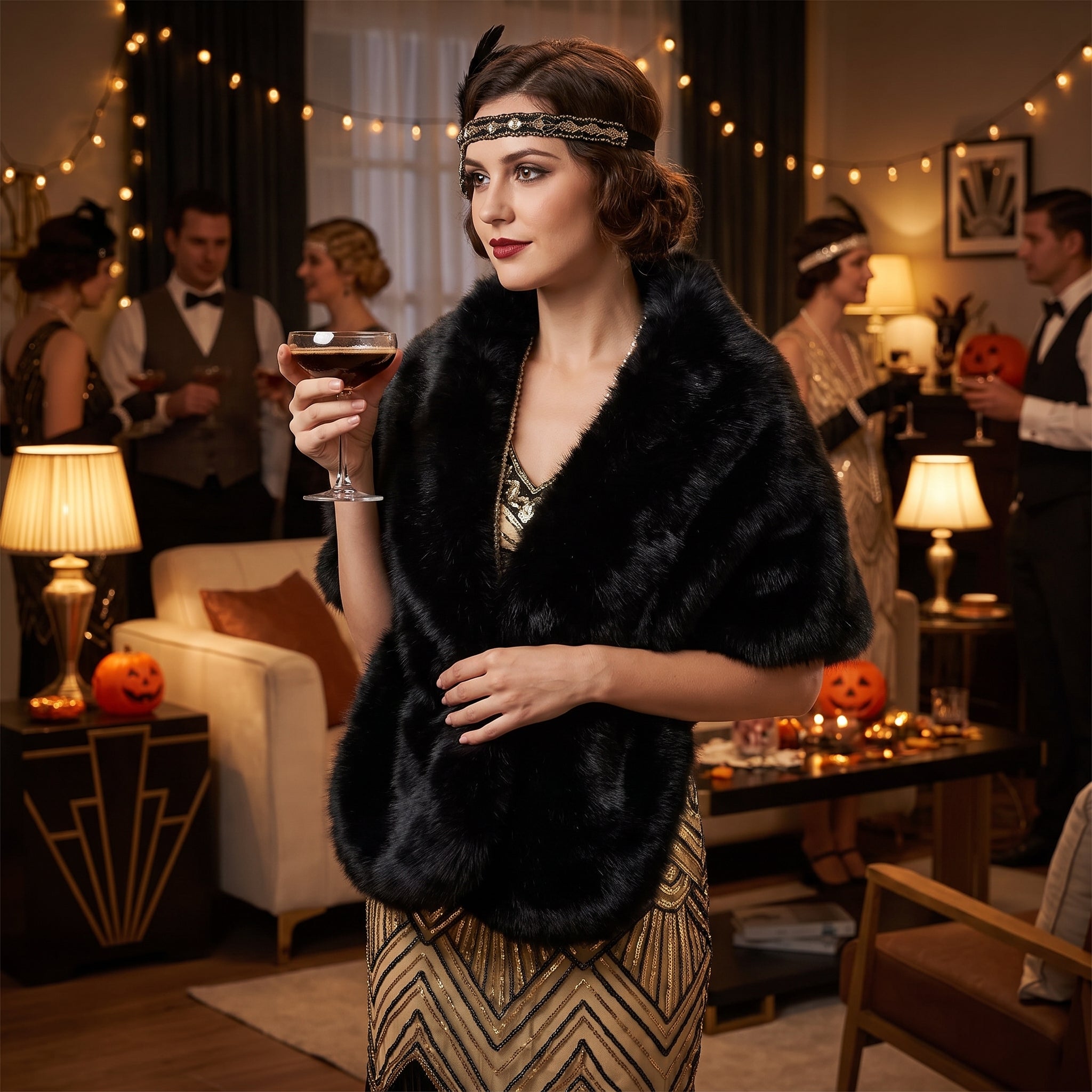 Elegant Black Faux Fur Stole Halloween Costume Accessory