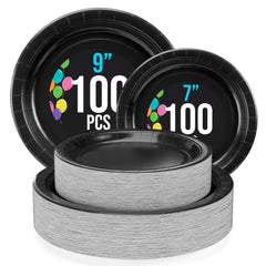 9 & 7 Inch. Black Paper Plates Combo - 200 Pack (100 of each)