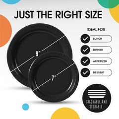 9 & 7 Inch. Black Paper Plates Combo - 200 Pack (100 of each)