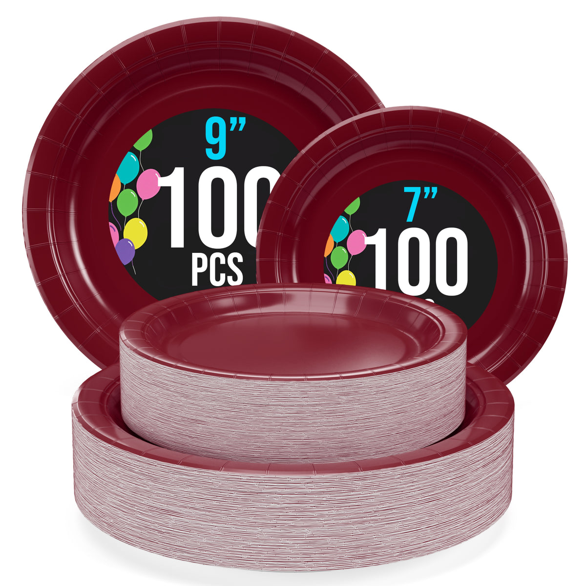 9 & 7 Inch. Burgundy Paper Plates Combo - 200 Pack (100 of each)
