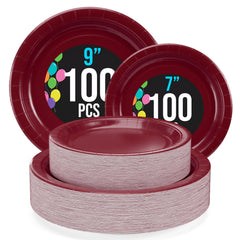 9 & 7 Inch. Burgundy Paper Plates Combo - 200 Pack (100 of each)