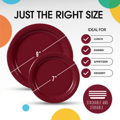 9 & 7 Inch. Burgundy Paper Plates Combo - 200 Pack (100 of each)