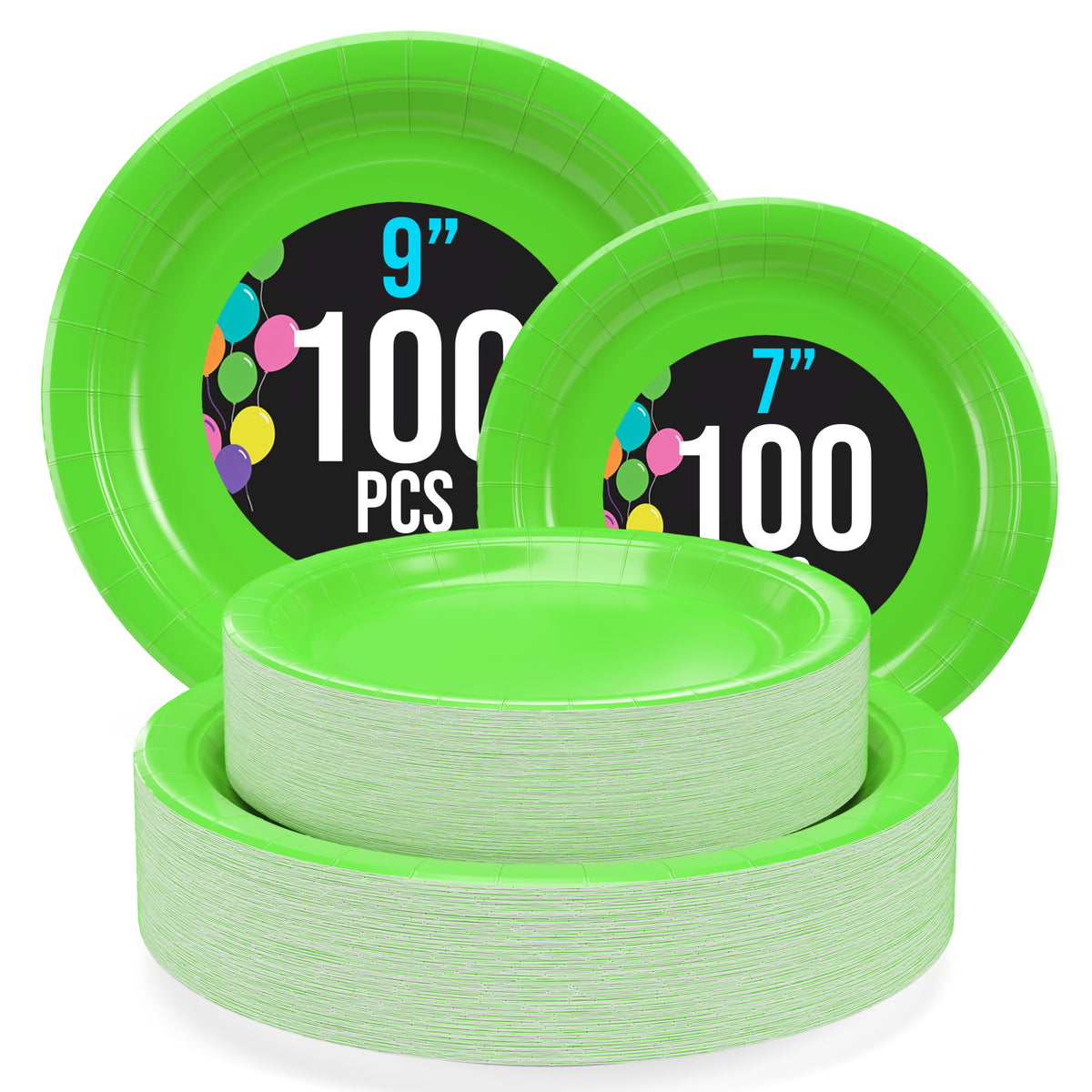 9 & 7 Inch. Lime Green Paper Plates Combo - 200 Pack (100 of each)