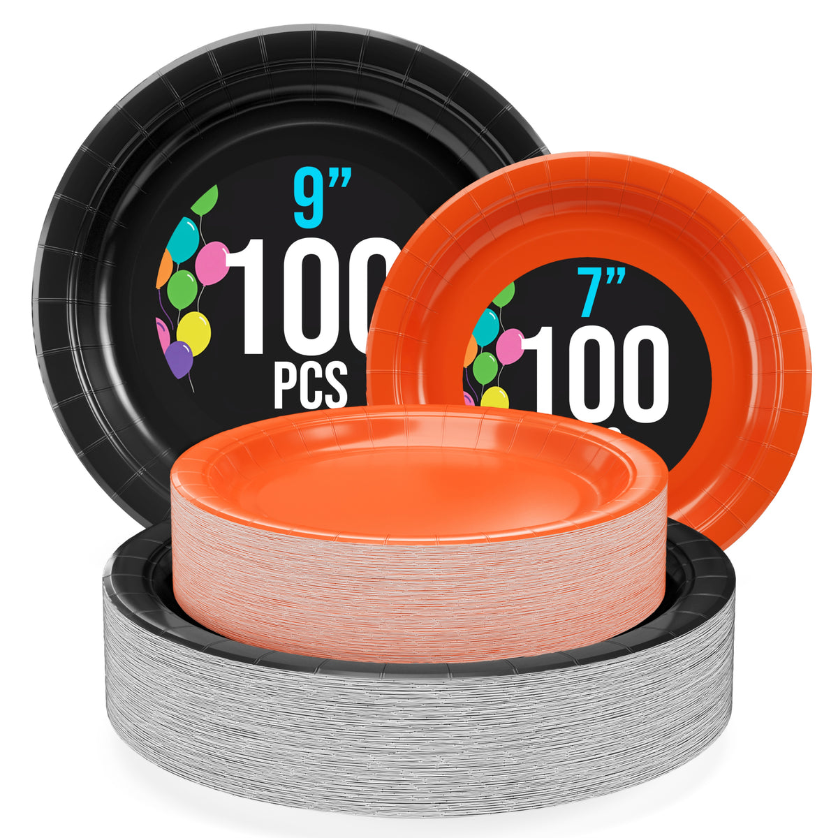 9 & 7 Inch.  Black and Orange Paper Plates Combo - 200 Pack (100 of each)