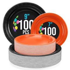 9 & 7 Inch.  Black and Orange Paper Plates Combo - 200 Pack (100 of each)