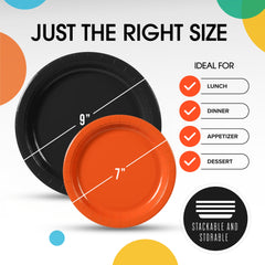 9 & 7 Inch.  Black and Orange Paper Plates Combo - 200 Pack (100 of each)