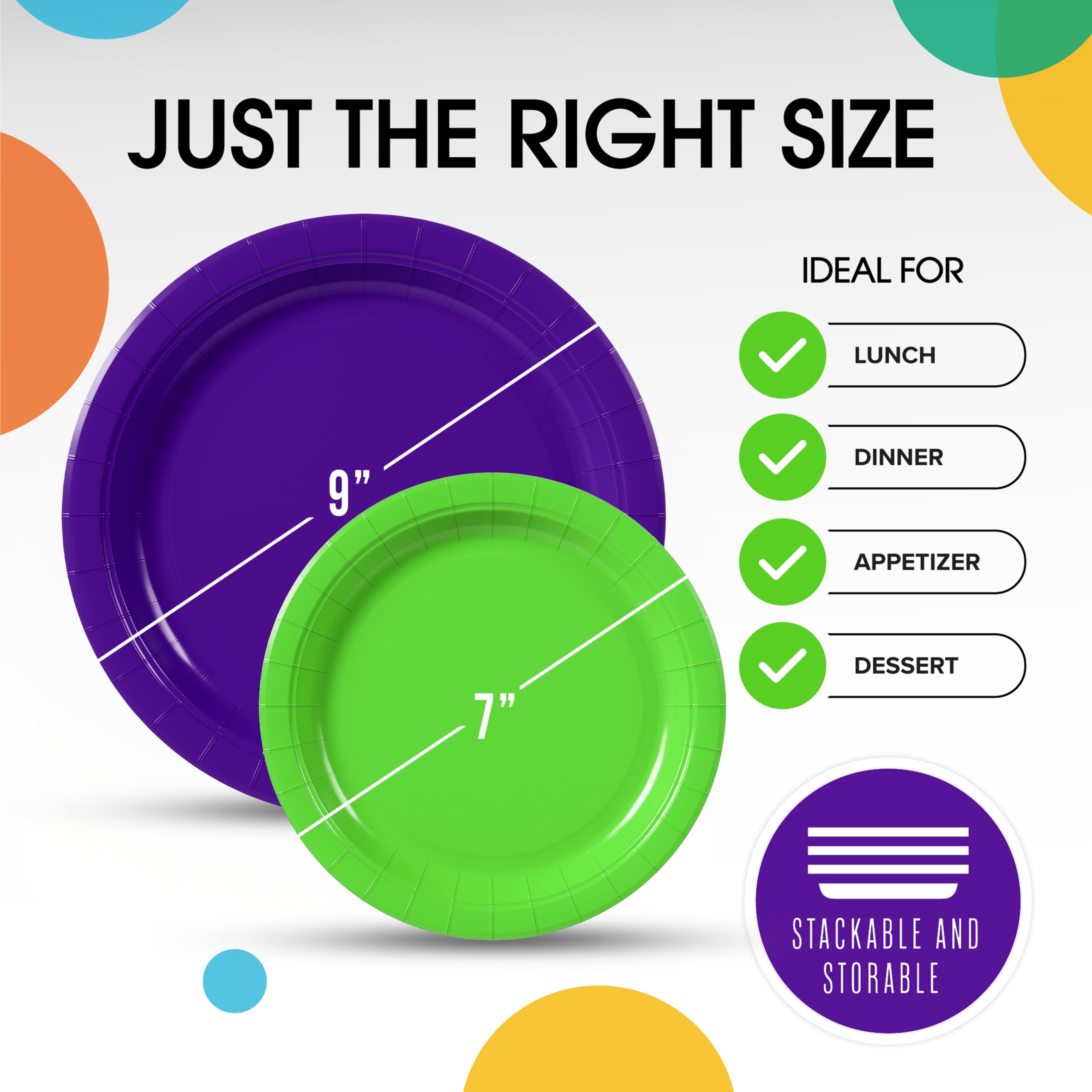 9 & 7 Inch.  Purple and Lime Paper Plates Combo - 200 Pack (100 of each)