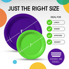 9 & 7 Inch.  Purple and Lime Paper Plates Combo - 200 Pack (100 of each)