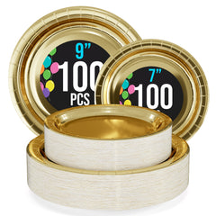 9 & 7 Inch. Gold Paper Plates Combo - 200 Pack (100 of each)