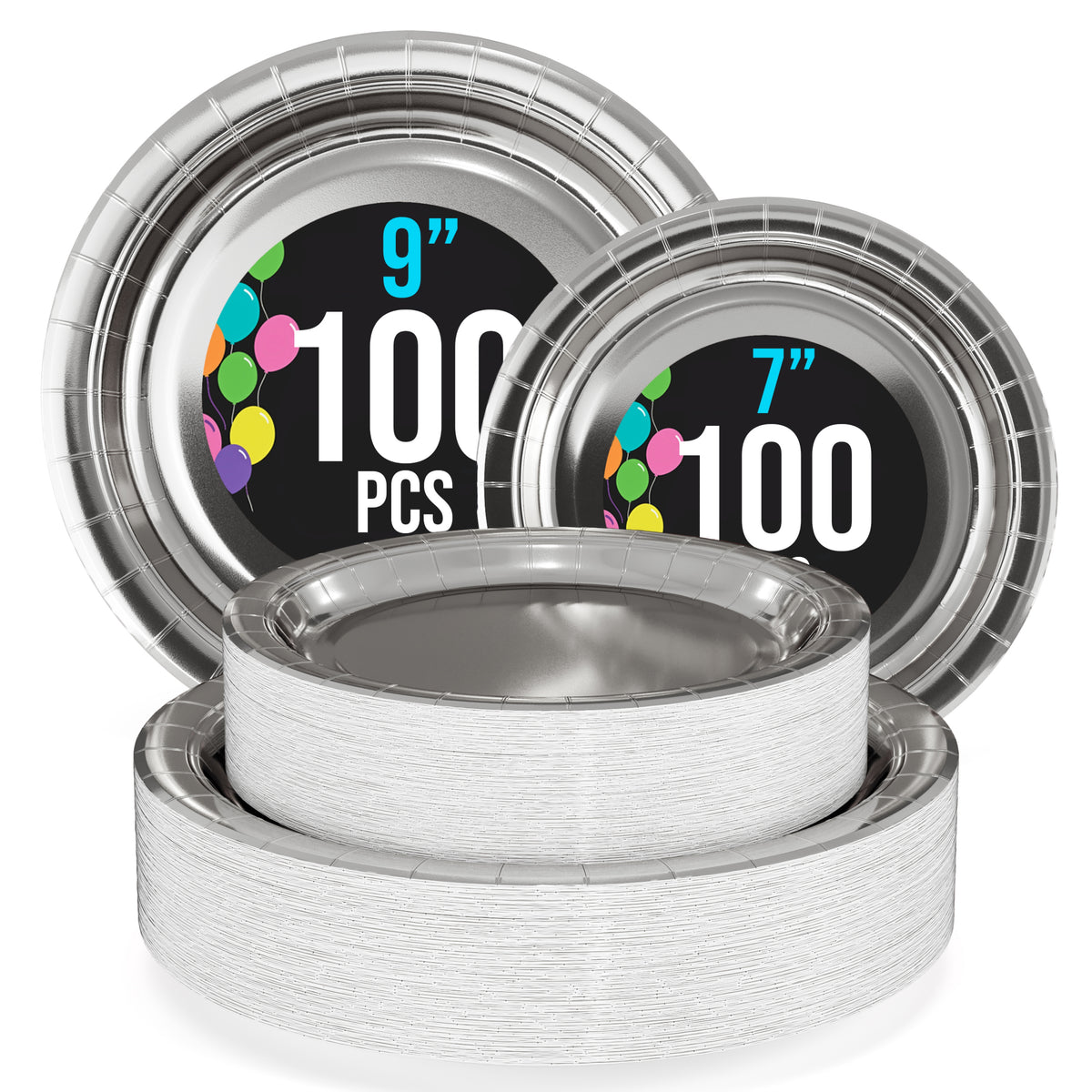 9 & 7 Inch. Silver Paper Plates Combo - 200 Pack (100 of each)