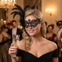 Black Filigree Feather Masquerade Mask with Rhinestone Accents