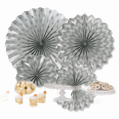 Silver Glitter Paper Fan Decorations - Set of 4