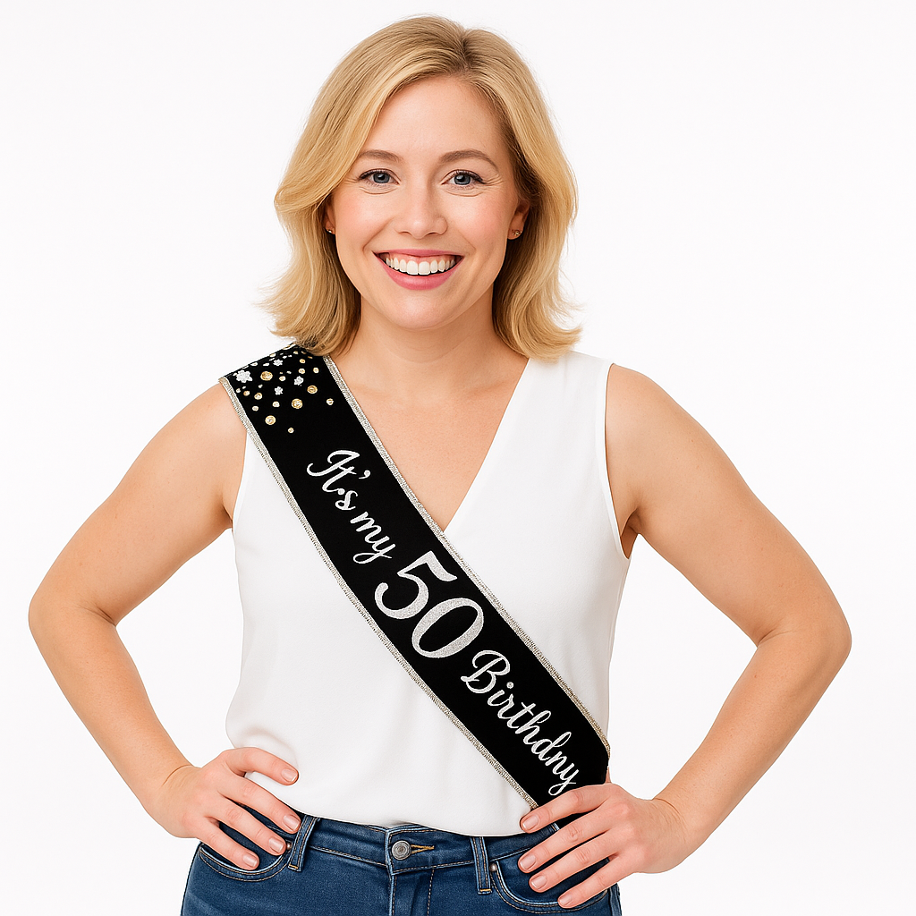 Black & Silver Sparkling 50th Birthday Celebration Sash
