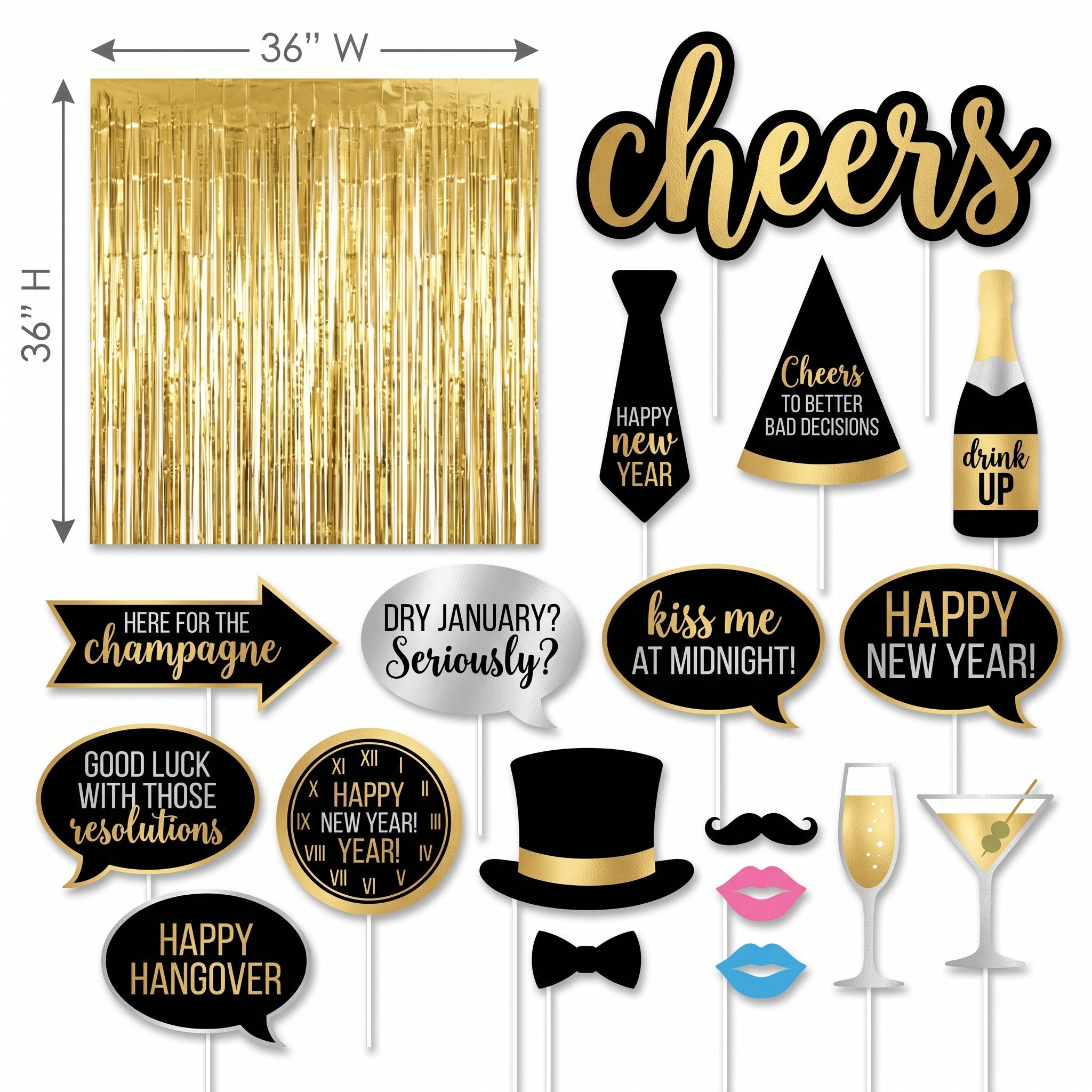 New Year's Eve Gold Foil Photo Prop Kit, 21-Piece Set