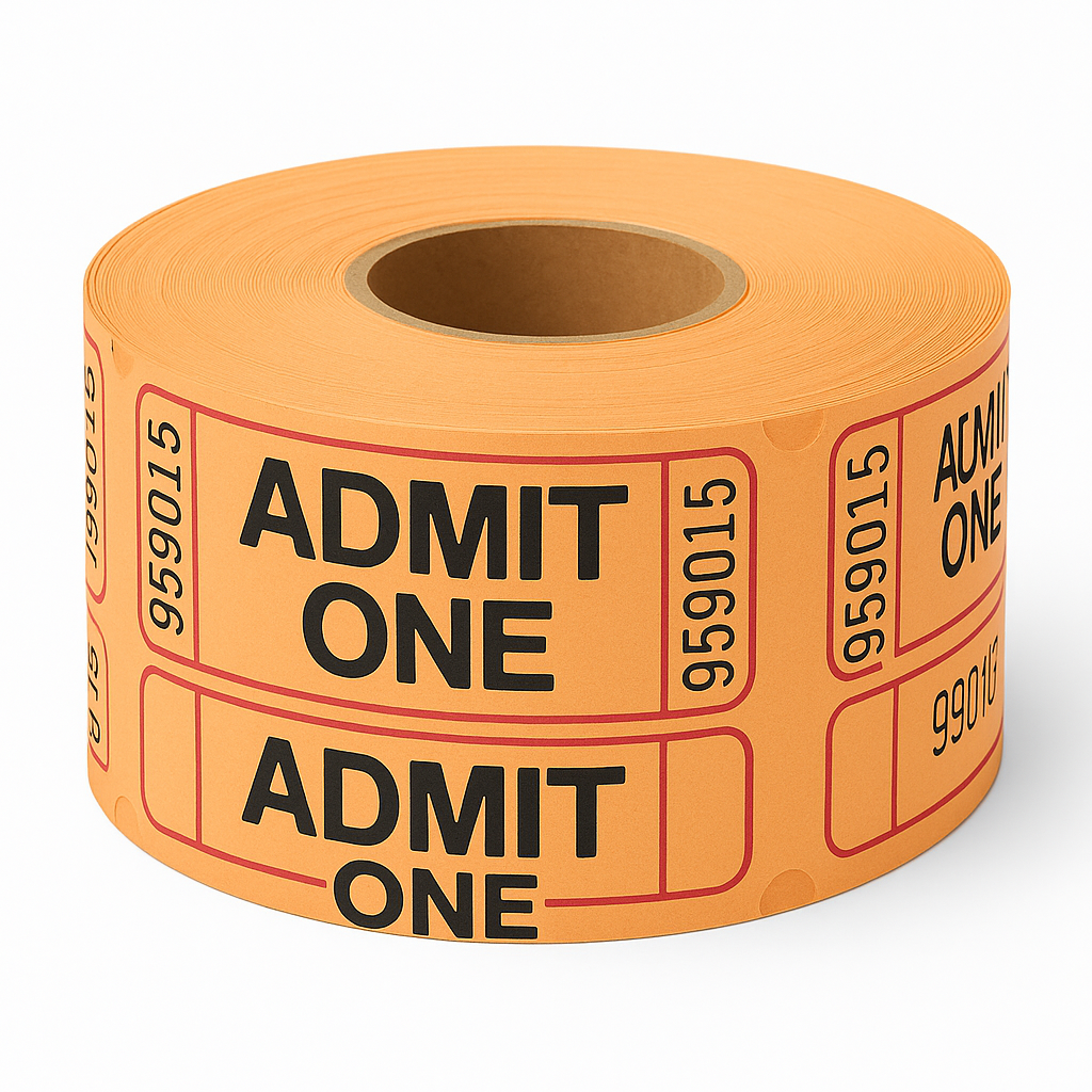Orange "Admit One" Ticket Roll - 1000 Tickets for Event Admission