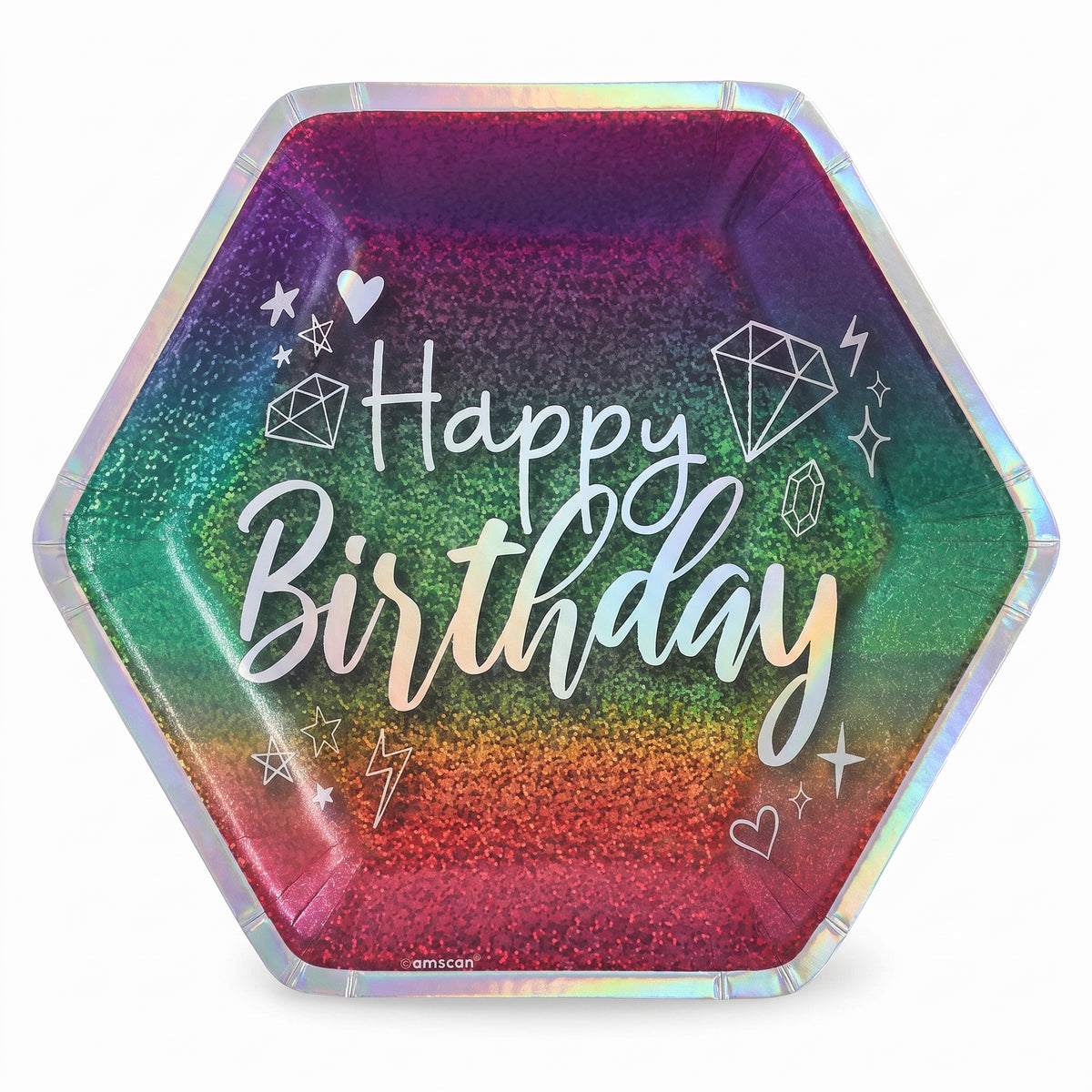 Prismatic Sparkle Hexagon "Happy Birthday" Paper Plates - 9-Inch (8-Pack)