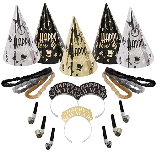 Amscan Elegant Eve 2025 New Year's Eve Decorations Party Supplies for 25, Includes Cone Hats and Tiaras