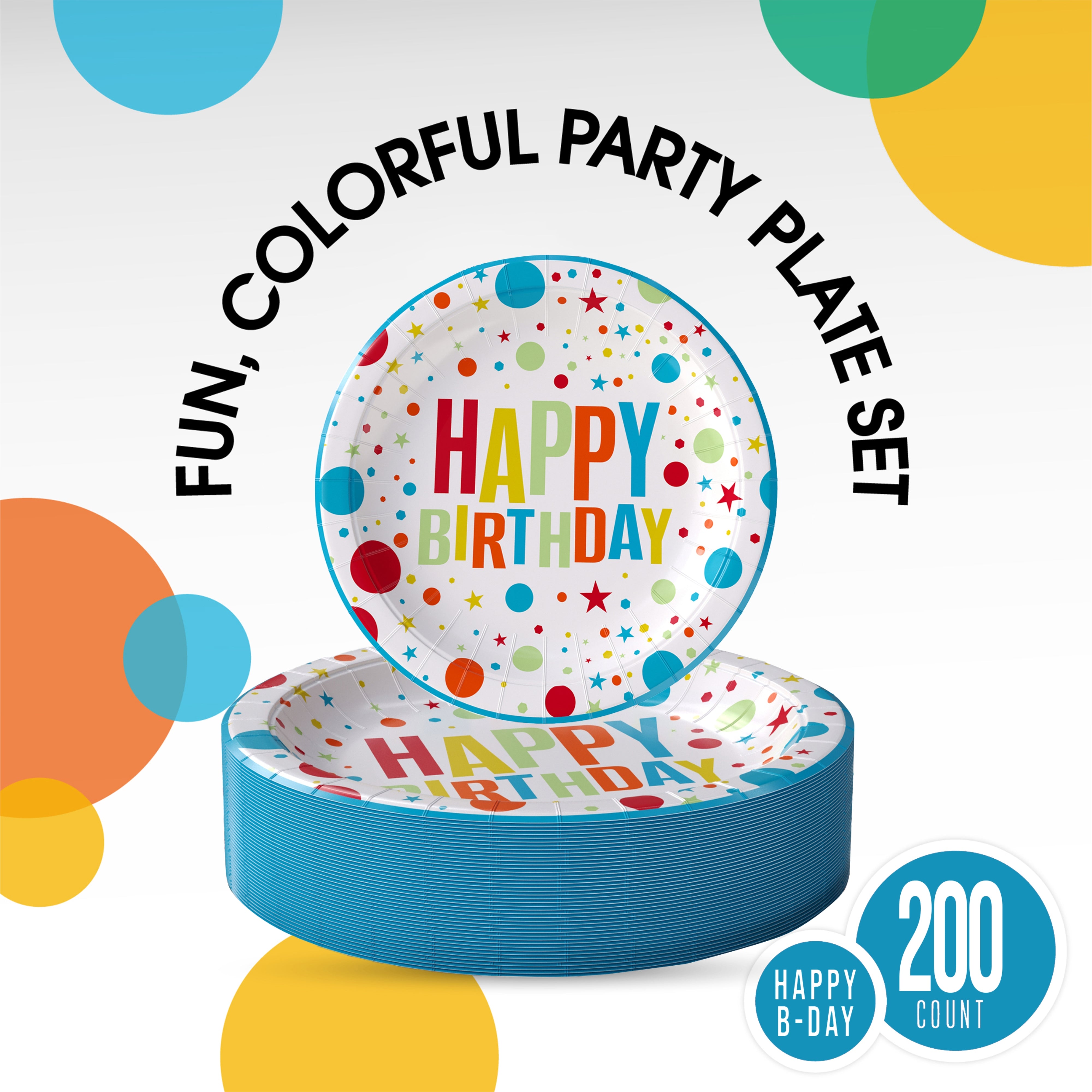 9 & 7 Inch. Birthday Print Paper Plates Combo - 200 Pack (100 of each)