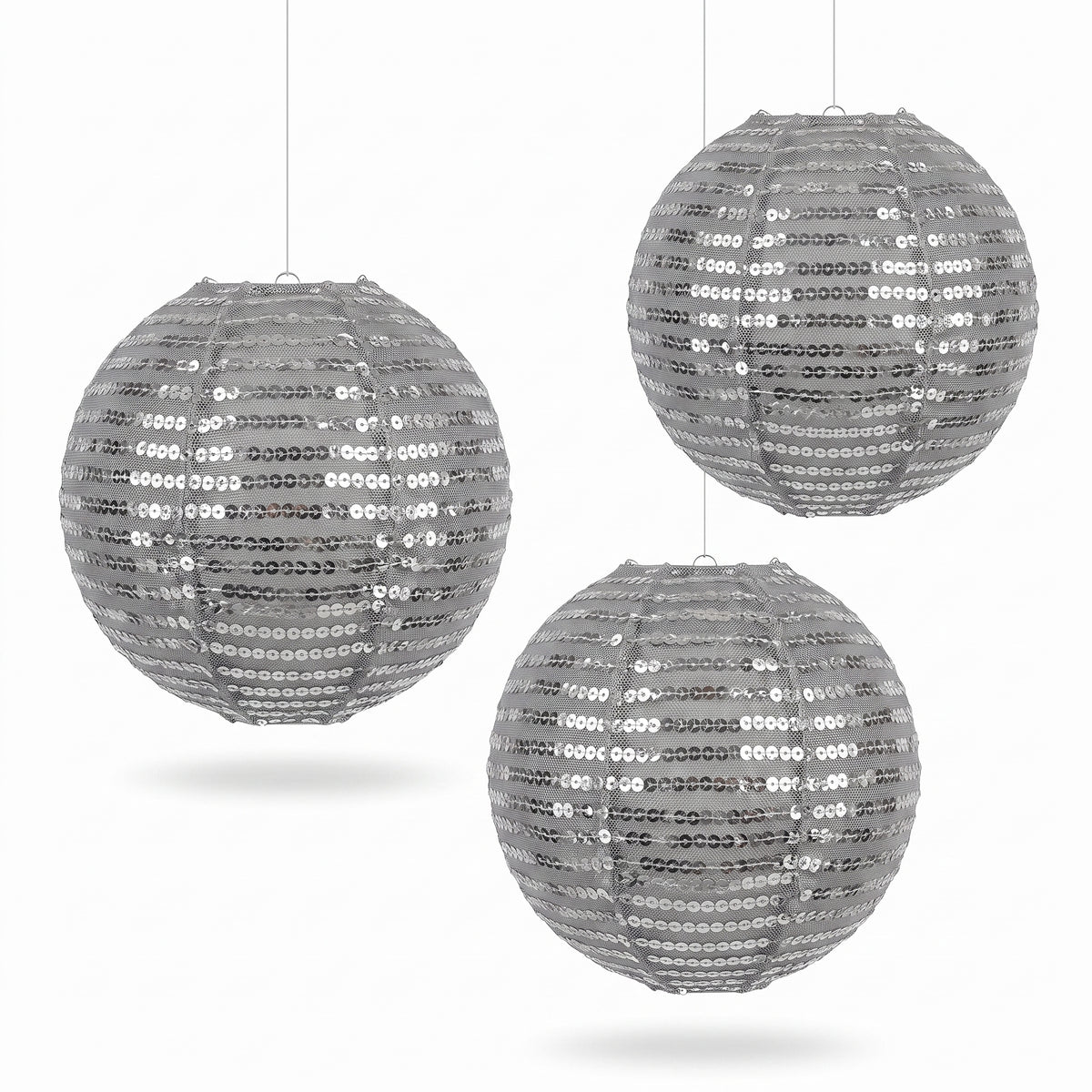 Silver Sequin Fabric Lanterns - 9.5 In. | Set of 3